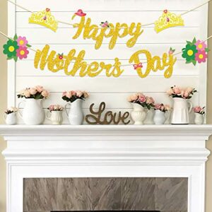 Partyprops Happy Mother's Day Banner Gold Glitter - Mother's Day Decorations - Mothers Day Party Decorations - Mother's Day Bunting Banner - Mothers Day Garlands - Mothers Day Family Photo Backdrop