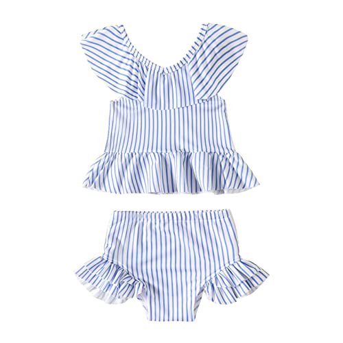 Toddler Baby Girl Swimsuits Two Piece Sets Swimwear Bathing Suit Beach BikiniSummer Sleeveless Blue Striped Print 18-24 Months
