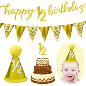 lhmtqvk happy 1/2 birthday banner pre-strung 6 months banner, half birthday banner 1/2 birthday crown hat, 1/2 half year cake topper- for baby’s 6 months birthday party decoration set… (gold)