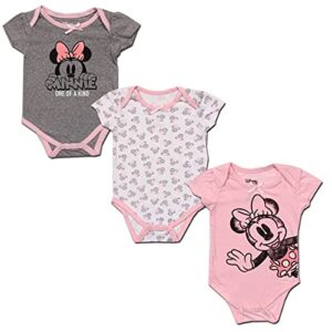 disney minnie mouse girls’ 3 pack bodysuits for newborn – pink/red/grey/white