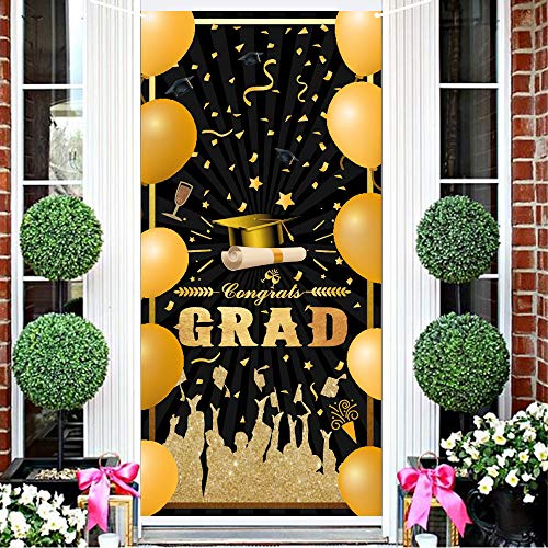 Mocossmy Graduation Door Banner 2022,Large Black Gold Congrats Grad Banner Door Covers Graduation Porch Sign Photo Booth Props Backdrop for Photography High School College Graduation Party Decoration