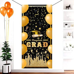 Mocossmy Graduation Door Banner 2022,Large Black Gold Congrats Grad Banner Door Covers Graduation Porch Sign Photo Booth Props Backdrop for Photography High School College Graduation Party Decoration