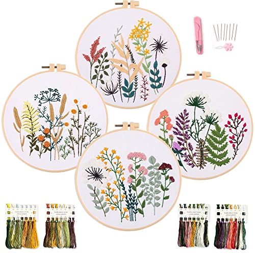 Silentsea Embroidery Kits, 4 Sets of Floral Embroidery Kits, Including Embroidery Fabric with Patterns, Embroidery Thread, Hoops, Needles and Instructions