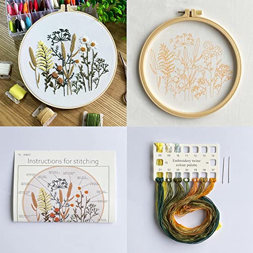 Silentsea Embroidery Kits, 4 Sets of Floral Embroidery Kits, Including Embroidery Fabric with Patterns, Embroidery Thread, Hoops, Needles and Instructions