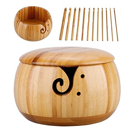 Durable Wooden Yarn Storage Bowls with Lid & 12 pcs Bamboo Handle Crochet Hook, Wood Yarn Knitting Holder Basket for Crocheting for Wool Ball, Handmade Craft Crochet Kit Organizer