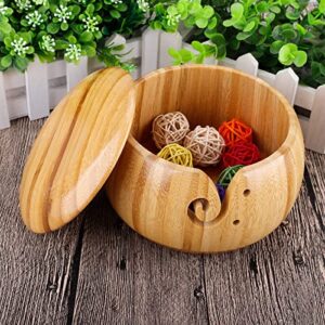 Durable Wooden Yarn Storage Bowls with Lid & 12 pcs Bamboo Handle Crochet Hook, Wood Yarn Knitting Holder Basket for Crocheting for Wool Ball, Handmade Craft Crochet Kit Organizer