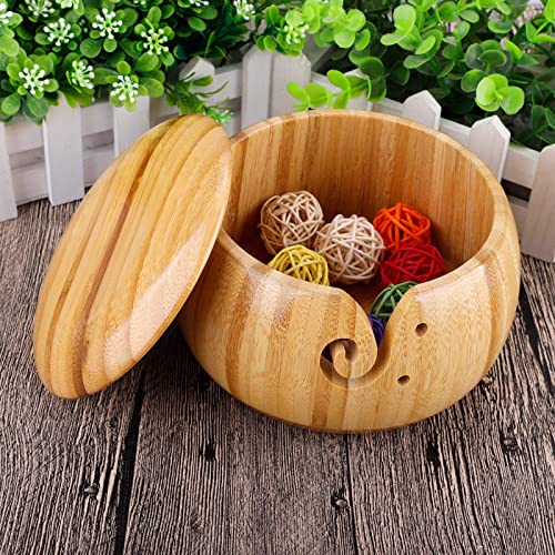 Durable Wooden Yarn Storage Bowls with Lid & 12 pcs Bamboo Handle Crochet Hook, Wood Yarn Knitting Holder Basket for Crocheting for Wool Ball, Handmade Craft Crochet Kit Organizer