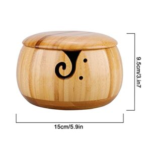 Durable Wooden Yarn Storage Bowls with Lid & 12 pcs Bamboo Handle Crochet Hook, Wood Yarn Knitting Holder Basket for Crocheting for Wool Ball, Handmade Craft Crochet Kit Organizer