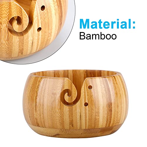 Durable Wooden Yarn Storage Bowls with Lid & 12 pcs Bamboo Handle Crochet Hook, Wood Yarn Knitting Holder Basket for Crocheting for Wool Ball, Handmade Craft Crochet Kit Organizer