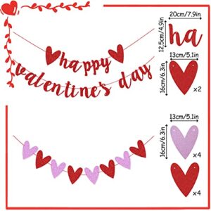 Red Glitter Happy Valentines Day Banner and Red Pink Hearts Garland For Girls Women Valentine's Day Theme Romantic Wedding Anniversary Engagement Bridal Shower Party Supplies Glitter Decorations