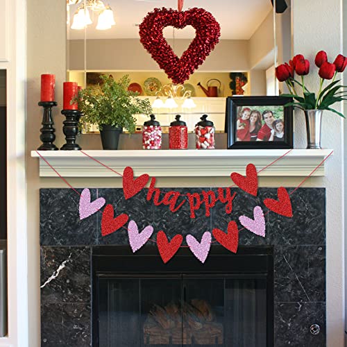 Red Glitter Happy Valentines Day Banner and Red Pink Hearts Garland For Girls Women Valentine's Day Theme Romantic Wedding Anniversary Engagement Bridal Shower Party Supplies Glitter Decorations