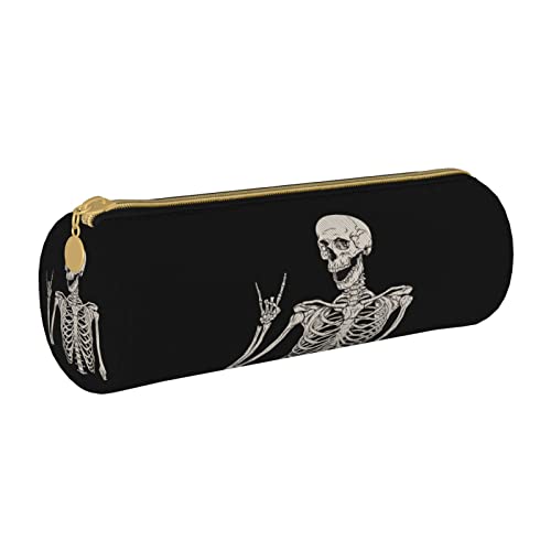 Rock And Roll Skeleton Skull Boho Hippie Cylinder Pencil Case Holder Zipper Pen Bag Pouch Students Stationery Cosmetic Bag