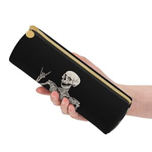 Rock And Roll Skeleton Skull Boho Hippie Cylinder Pencil Case Holder Zipper Pen Bag Pouch Students Stationery Cosmetic Bag