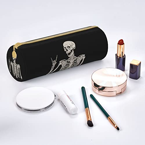 Rock And Roll Skeleton Skull Boho Hippie Cylinder Pencil Case Holder Zipper Pen Bag Pouch Students Stationery Cosmetic Bag