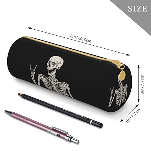 Rock And Roll Skeleton Skull Boho Hippie Cylinder Pencil Case Holder Zipper Pen Bag Pouch Students Stationery Cosmetic Bag