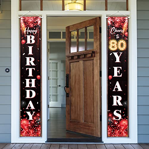 Happy 80th Birthday Porch Sign Door Banner Decor Red and Black – Glitter Cheers to 80 Years Old Birthday Party Theme Decorations for Men Women Supplies