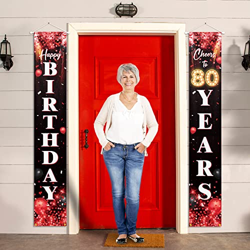 Happy 80th Birthday Porch Sign Door Banner Decor Red and Black – Glitter Cheers to 80 Years Old Birthday Party Theme Decorations for Men Women Supplies