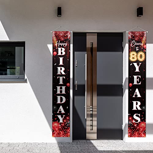 Happy 80th Birthday Porch Sign Door Banner Decor Red and Black – Glitter Cheers to 80 Years Old Birthday Party Theme Decorations for Men Women Supplies