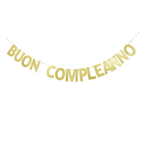 BUON Compleanno Banner, Gold Gliter Shiny Paper Italian Happy Birthday Sign Garland