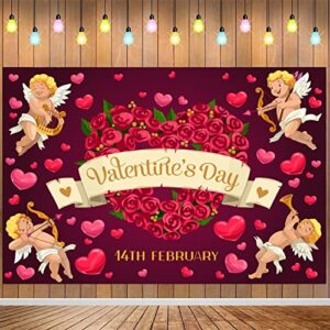 happy valentines day banner backdrop decoration, valentine’s day cupid rose heart photo background banner, valentines banner party decorations supplies