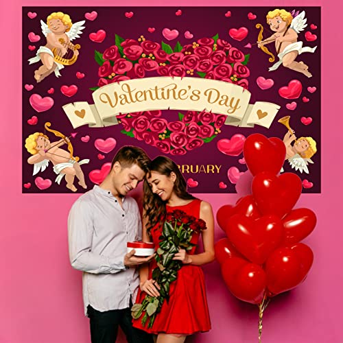 Happy Valentines Day Banner Backdrop Decoration, Valentine's Day Cupid Rose Heart Photo Background Banner, Valentines Banner Party Decorations Supplies