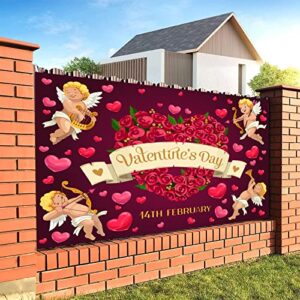 Happy Valentines Day Banner Backdrop Decoration, Valentine's Day Cupid Rose Heart Photo Background Banner, Valentines Banner Party Decorations Supplies