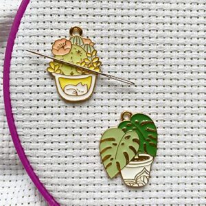 Green Leaves Potted Plant Needle Minders, Magnetic Cactus Flower Needle Nanny, Cross Stitch Embroidery Needlework Accessories