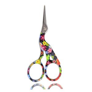 BIHRTC Stork Bird Scissors Embroidery Scissors Sewing Scissors Small Shears for Crafting Art Work Threading Needlework DIY Tools Dressmaker Everyday Use Scissors 3.6 Inch Black Floral Pattern Scissor