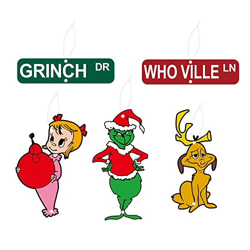 Grinch Drive & Who Ville Lane Paper Sign Grinch Tree Ornaments Christmas Grinch Ornaments for Tree Grinch Whoville Party Direction Christmas Grinch Home Birthday Party Decorations