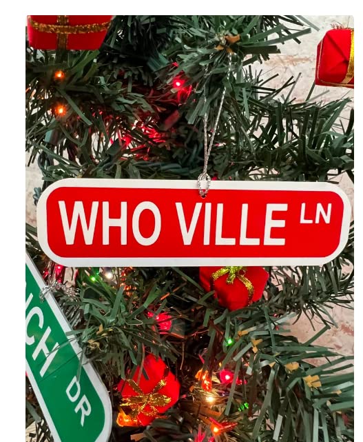 Grinch Drive & Who Ville Lane Paper Sign Grinch Tree Ornaments Christmas Grinch Ornaments for Tree Grinch Whoville Party Direction Christmas Grinch Home Birthday Party Decorations