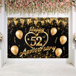 happy 52nd anniversary backdrop banner decor black gold – glitter love heart happy 52 years wedding anniversary party theme decorations for women men supplies, 3.9 x 5.9 ft