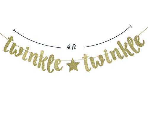 Twinkle Twinkle Little Star Banner, Glitter Birthday Banner, Baby Shower, Holiday Party Decorations (Gold)