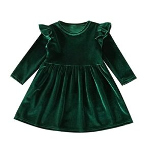 toddler baby girls vintage ruffle velvet dress fall winter kids solid long sleeve casual princess a-line dress for christmas wedding evening gown holiday outfit dark green 4-5 years