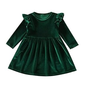 Toddler Baby Girls Vintage Ruffle Velvet Dress Fall Winter Kids Solid Long Sleeve Casual Princess A-Line Dress for Christmas Wedding Evening Gown Holiday Outfit Dark Green 4-5 Years