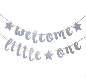 welcome little one glitter banner, baby shower, gender reveal party, glitter party decor (silver)