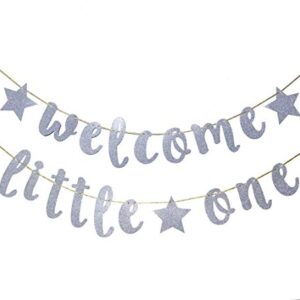 Welcome Little One Glitter Banner, Baby Shower, Gender Reveal Party, Glitter Party Decor (Silver)