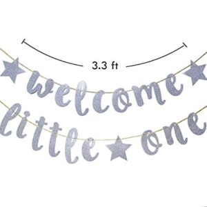 Welcome Little One Glitter Banner, Baby Shower, Gender Reveal Party, Glitter Party Decor (Silver)