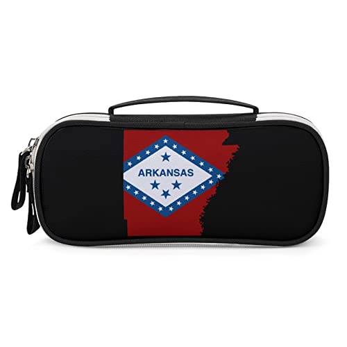 Arkansas State Flag PU Leather Pencil Pen Case Organizer Travel Makeup Handbag Portable Stationery Bag