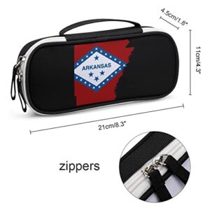 Arkansas State Flag PU Leather Pencil Pen Case Organizer Travel Makeup Handbag Portable Stationery Bag