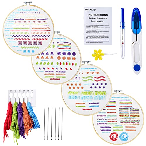 DPSKLTD Beginners Embroidery Stitch Practice Kit, 4 Pack Embroidery Kits to Learn 39 Different Stitches for Embroidery Starters, Craft Lovers with Detailed Instructions (Multi-1)