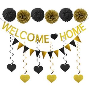 lnlofen welcome home banner sign decoration kit, 14pcs welcome back family party decorations supplies – including welcome home banner, triangle flag, 6pcs hanging swirls, 6pcs poms