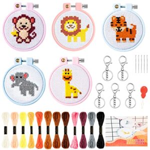 watinc 5pcs embroidery kit for kids stamped cross stitch diy key chain with safari jungle animals patterns needlepoint starter kits educational art craft supplies for beginners teens adults schoolbag