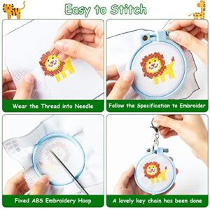 WATINC 5Pcs Embroidery Kit for Kids Stamped Cross Stitch DIY Key Chain with Safari Jungle Animals Patterns Needlepoint Starter Kits Educational Art Craft Supplies for Beginners Teens Adults Schoolbag