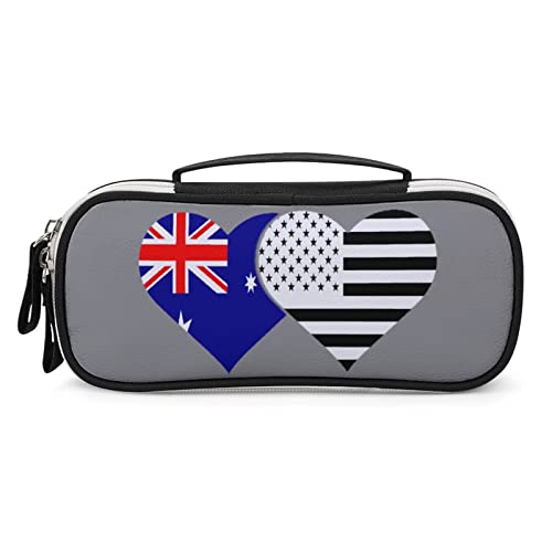 Australian Flag and American Flag PU Leather Pencil Pen Case Organizer Travel Makeup Handbag Portable Stationery Bag