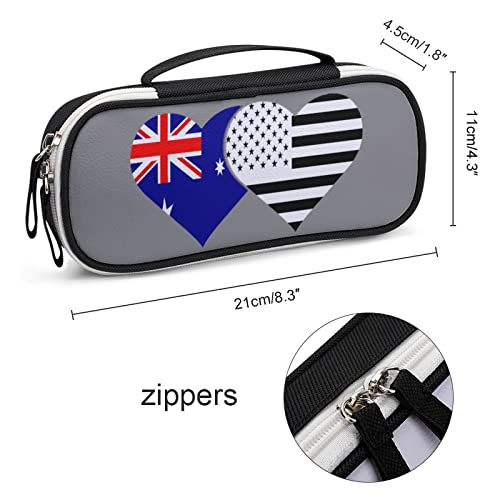 Australian Flag and American Flag PU Leather Pencil Pen Case Organizer Travel Makeup Handbag Portable Stationery Bag