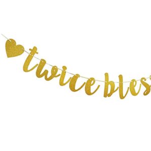 Twice Blessed Banner, Gold Glitter Twins Baby Shower Party Sign Decoration Supplies