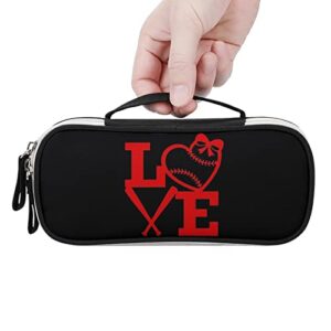 I Love Softball PU Leather Pencil Pen Case Organizer Travel Makeup Handbag Portable Stationery Bag