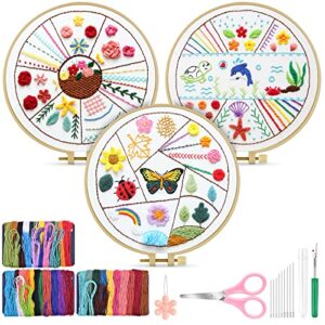 tindtop beginners embroidery stitch practice kit, embroidery kit for beginners include embroidery cloth hoops threads for craft lover hand stitch with embroidery skill techniques (colorful)