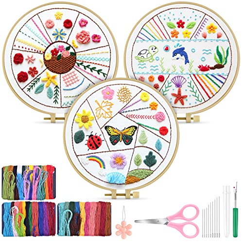 TINDTOP Beginners Embroidery Stitch Practice kit, Embroidery Kit for Beginners Include Embroidery Cloth Hoops Threads for Craft Lover Hand Stitch with Embroidery Skill Techniques (Colorful)