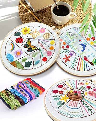 TINDTOP Beginners Embroidery Stitch Practice kit, Embroidery Kit for Beginners Include Embroidery Cloth Hoops Threads for Craft Lover Hand Stitch with Embroidery Skill Techniques (Colorful)